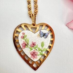 Vintage Guilloche Heart Pendant Cutout Necklace Butterfly Flowers On Snail Chain